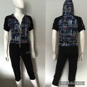SALE💥NWT WOMEN TRACKSUIT JACKET/BLACK CAPRI SET‎ STRETCHY LYCRA LOUNGEWEAR HOOD